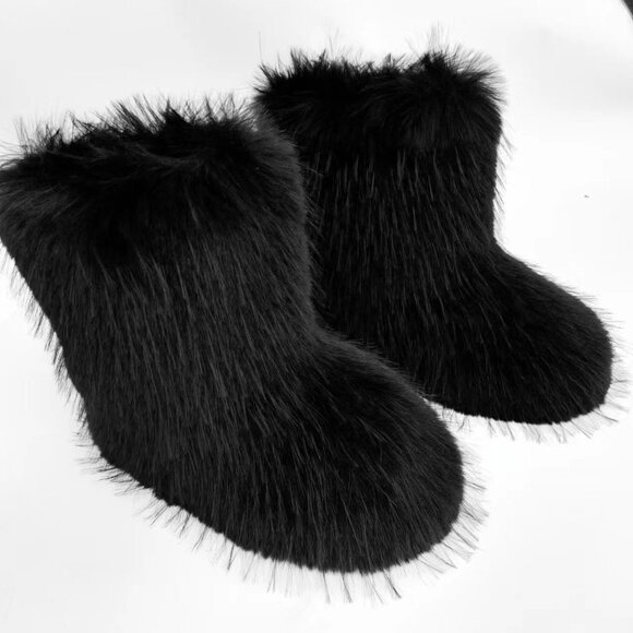 ⚡Women's Black Faux Fur Warm Boot Furry Short Snow Boot Mid Calf Boots - Picture 3 of 7